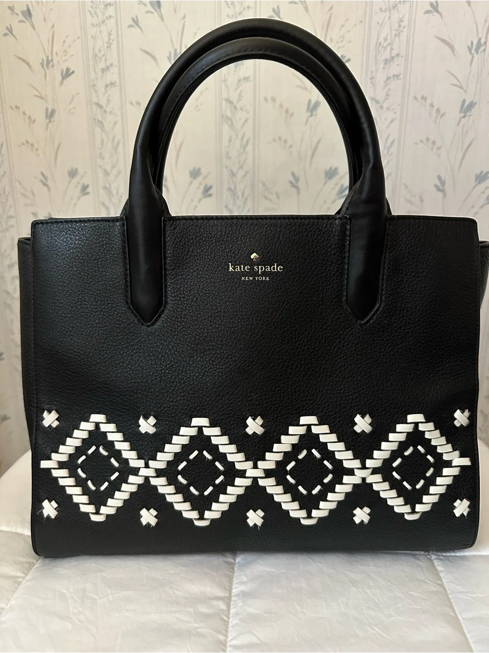 Kate Spade Black Leather Tote with White Woven Detail